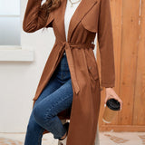 Comfy Belted Trench Coat, Elegant Lapel Neck Long Sleeve Coat, Women's Clothing