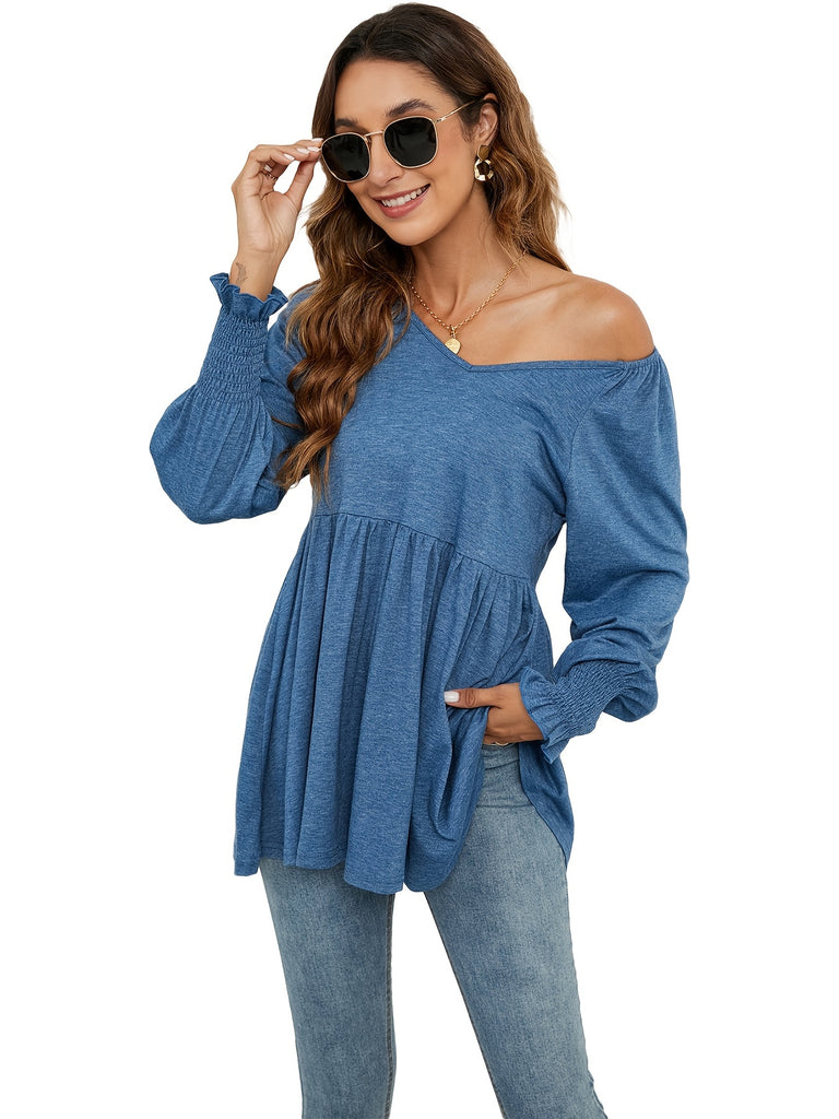 Ruffle Trim Solid T-shirt, Casual V Neck Lantern Sleeve T-shirt For Spring & Fall, Women's Clothing
