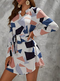 elveswallet  Geo Print Simple Dress, Elegant Notched Neck Long Sleeve Dress, Women's Clothing