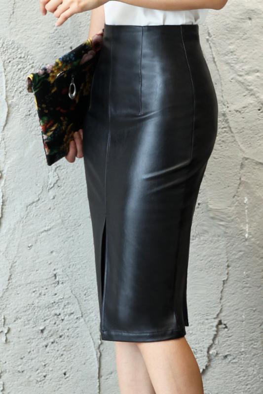 elveswallet Black PU Leather Bodycon Split Skirt