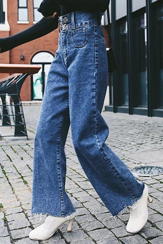 elveswallet Buttons Frayed Hem Wide Leg Jeans