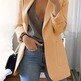 elveswallet  Plus Size Casual Blazer, Women's Plus Solid Long Sleeve Lapel Collar Suit Coat With Pockets
