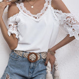 elveswallet  Lace Stitching Cold Shoulder Blouse, Casual V Neck Short Sleeve Blouse For Spring & Summer, Women's Clothing