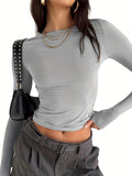 Long Sleeve Stretchy Tee, Casual Sporty Solid T-Shirt, Women's Clothing
