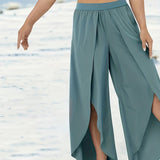 elveswallet  Plus Size Boho Pants, Women's Plus Plain High Rise Wrap Split Front Beach Pants