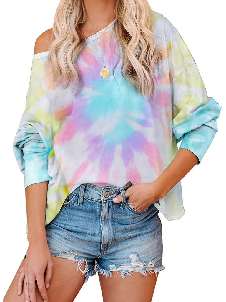 elveswallet  Women's Tie Dye Print Crew Neck T-Shirt, Casual Long Sleeve T-Shirt, Casual Every Day Tops, Women's Clothing