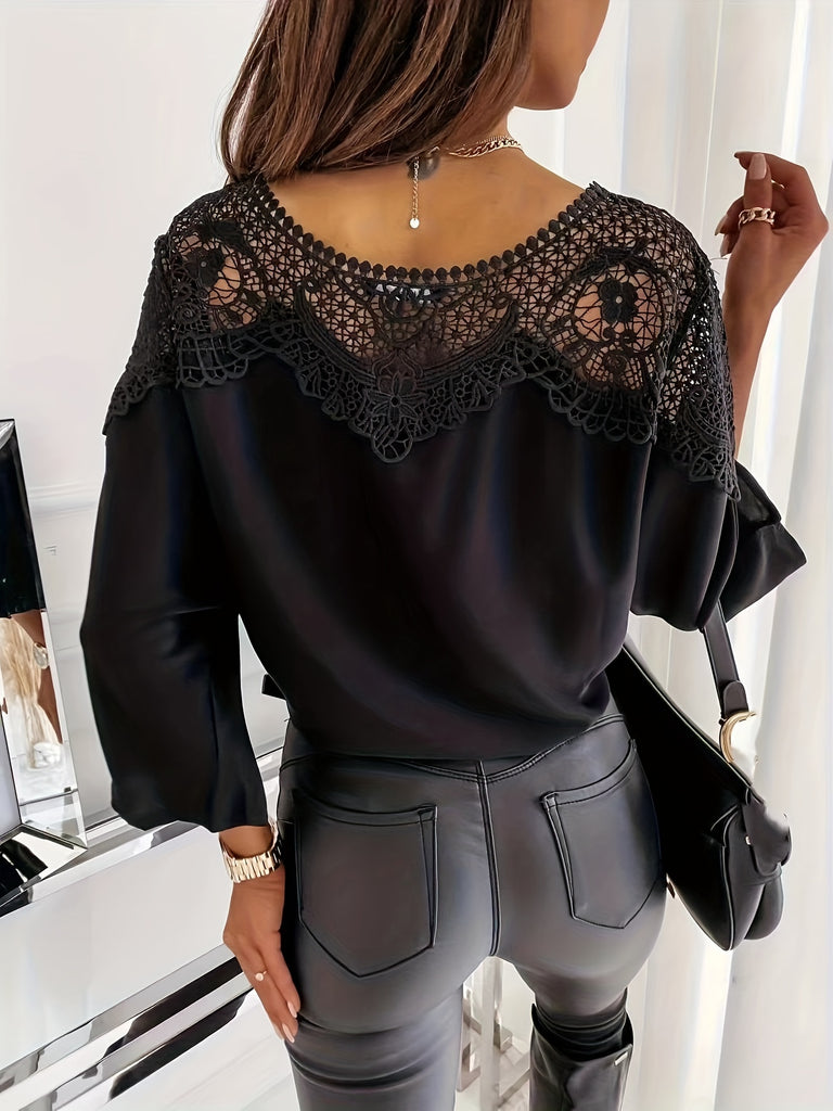Lace Splicing Batwing Sleeve Blouse, Casual Solid Off Shoulder Summer Blouse, Women's Clothing
