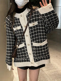 Preppy Plaid Pattern Button Up Pocket Cardigan, Casual Long Sleeve Cardigan For Fall & Winter, Women's Clothing
