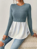 2 In 1 Ribbed Paneled Crew Neck T-Shirt, Casual Long Sleeve Top For Spring & Fall, Women's Clothing