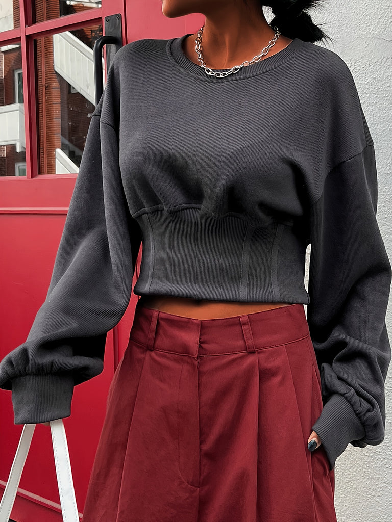Drop Shoulder Cinched Waist Sweatshirt, Stylish Long Sleeve Crew Neck Sweatshirt For Fall & Winter, Women's Clothing