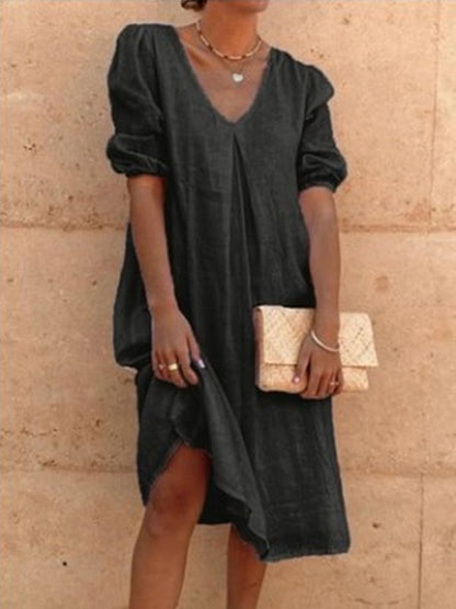 V-neck Casual Linen Shift Dress