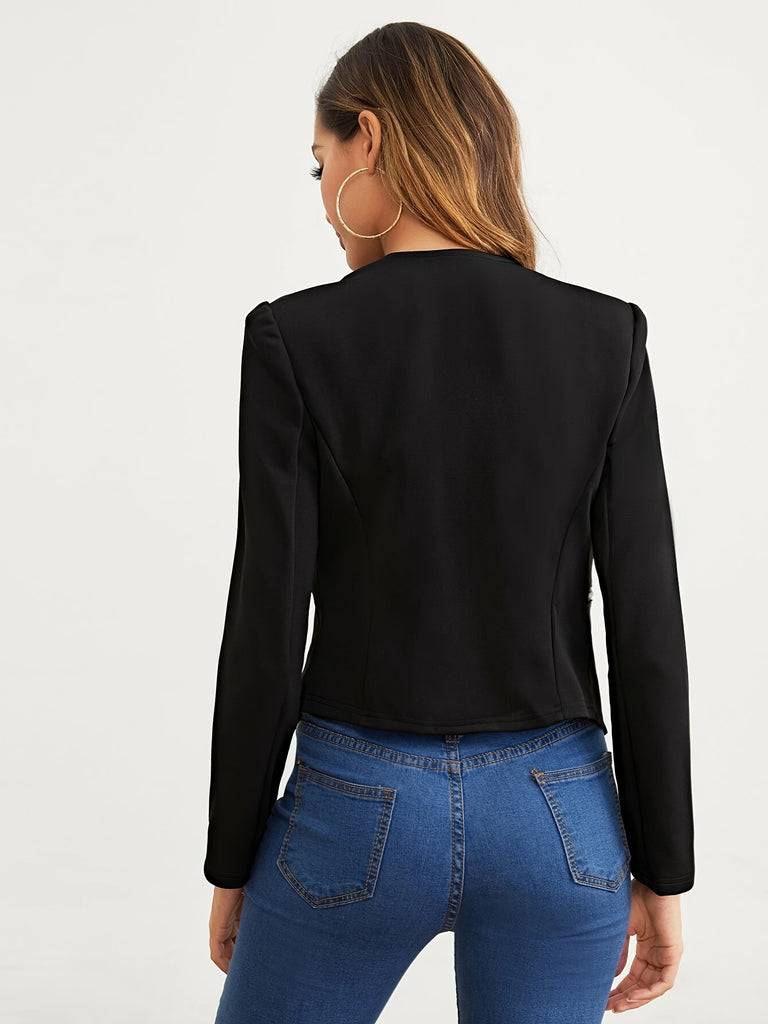 elveswallet  Solid Lapel Zipper Long Sleeve Blazer Jacket, Elegant Spring & Fall Commuter Slim Outerwear, Women's Clothing