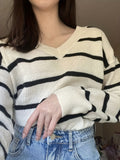 elveswallet  Striped V Neck Pullover Sweater, Casual Long Sleeve Sweater For Spring & Fall, Women's Clothing