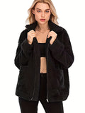Solid Zip Up Teddy Coat, Casual Long Sleeve Pocket Front Warm Outerwear, Women's Clothing