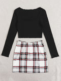Women's Stylish Two Piece Set, Solid Square Neck Crop Top & Plaid High Waist Mini Skirt, Women's Clothing