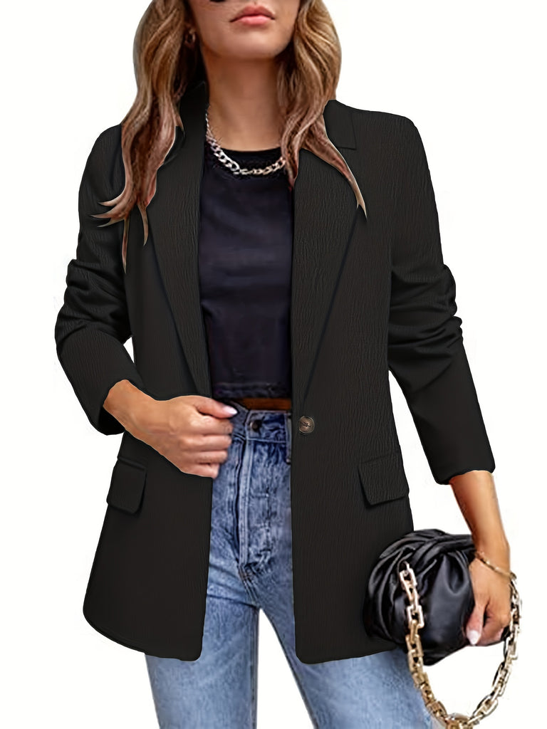 elveswallet  Solid Button Front Lapel Blazer, Casual Long Sleeve Blazer For Work, Women's Clothing