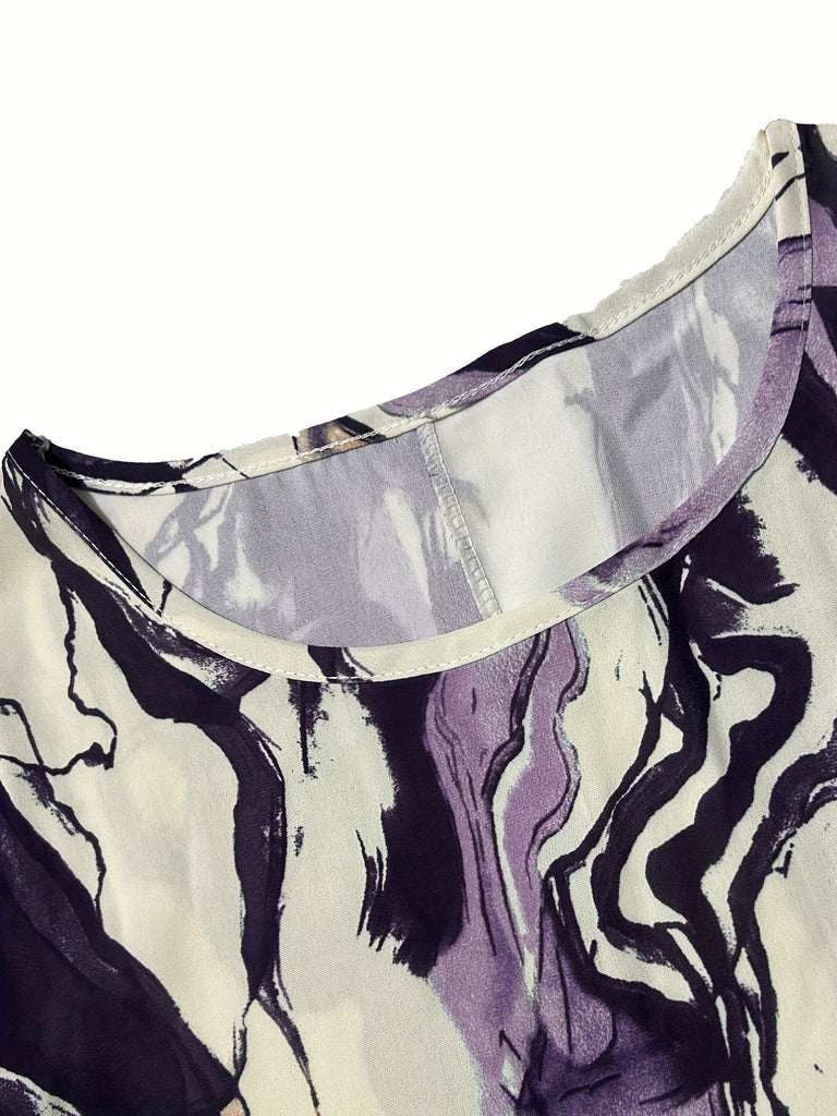Women's Plus Size Chiffon Graphic Print High Low Hem Shirt, Retro Style Crew Neck Geometric-pattern Top