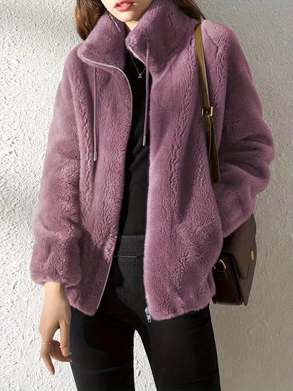 elveswallet Drawstring Zip Up Long Sleeve Teddy Coat