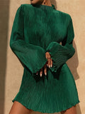 Lettuce Trim Textured Dress, Elegant Solid Flared Sleeve Dress, Women's Clothing