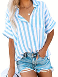 elveswallet  Plus Size Casual Blouse, Women's Plus Striped Print Roll Up Batwing Sleeve Turn Down Collar Button Up Shirt Top