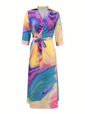 Butterfly Print Surplice Neck Dress, Casual 3/4 Sleeve Party Dress, Women's Clothing
