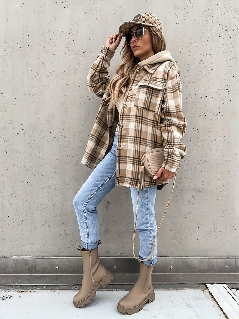 elveswallet  Preppy Button Plaid Drop Shoulder Jacket, Casual Long Sleeve Jacket For Fall & Winter, Women's Clothing