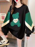 Color Block Bear Pattern Pullover Sweatshirt, Casual Long Sleeve Crew Neck Sweatshirt For Fall & Winter, Women's Clothing