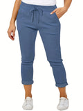 elveswallet  Plus Size Casual Pants, Women's Plus Solid Drawstring Roll Up Hem Slight Stretch Pants