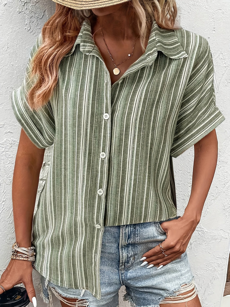 elveswallet  Striped Print Short Sleeve Shirt, Elegant Button Front Collared Shirt, Women's Clothing