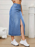 elveswallet  Blue Split Front Denim Skirt, Slant Pockets Non-Stretch Casual Denim Skirt, Women's Denim Clothing