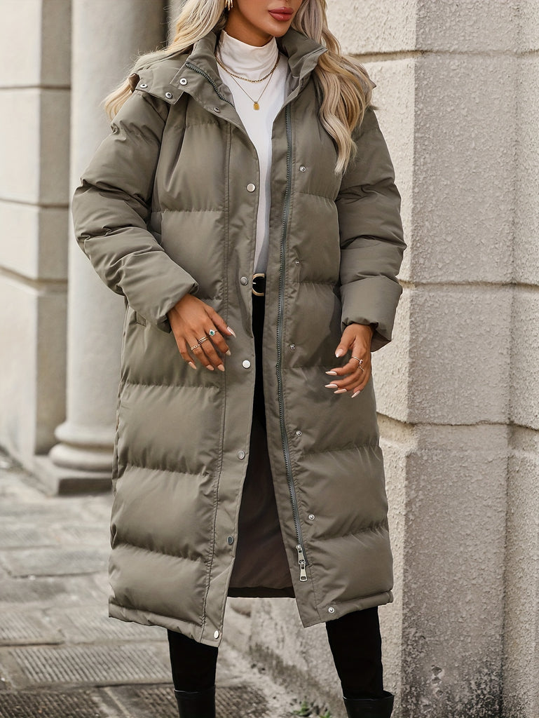 Solid Mid Length Hooded Coat, Casual Zip Up Long Sleeve Warm Winter Outerwear, Women's Clothing
