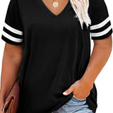 elveswallet  Plus Size Colorblock V Neck T-shirt, Women's Plus Slight Stretch Short Sleeve Casual Tee