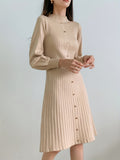 elveswallet  Solid Ribbed Dress, Elegant Button Front Long Sleeve Dress, Women's Clothing