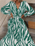 elveswallet  Abstract Ripple Print Dress, Elegant V Neck Long Sleeve Maxi Dress, Women's Clothing