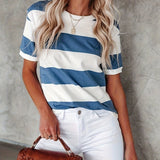 elveswallet  Short Sleeve Striped T-Shirt, Crew Neck Casual Top For Summer & Spring, Women's Clothing