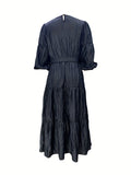 elveswallet  Solid Ruched Dress, Casual Crew Neck Puff Sleeve High Waist Dress, Women's Clothing