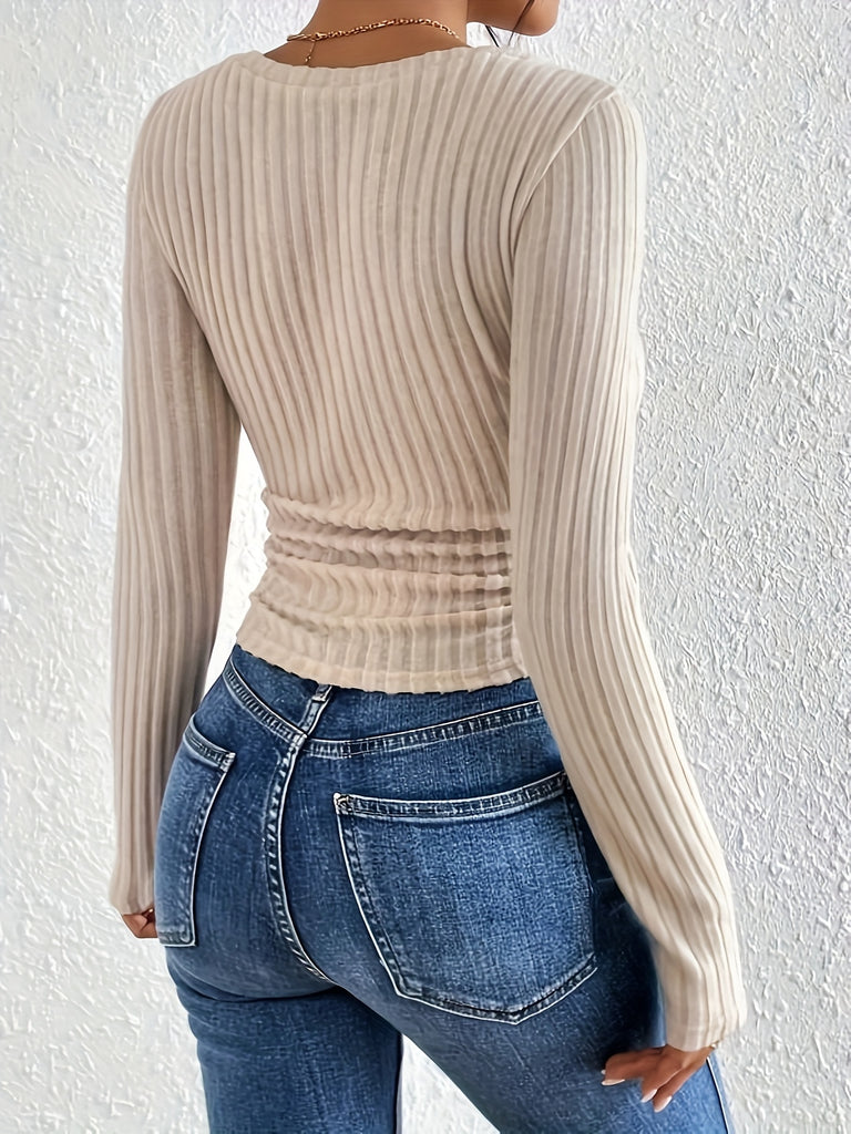 Ribbed V Neck T-Shirt, Casual Long Sleeve Top For Spring & Fall, Women's Clothing