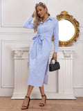 elveswallet  Stiped Tie Waist Shirt Dress, Versatile Long Sleeve Split Dress For Spring & Fall, Women's Clothing