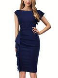 elveswallet  Solid Ruffle Trim Dress, Elegant Bodycon Sleeveless Pencil Dress For Party & Banquet, Women's Clothing