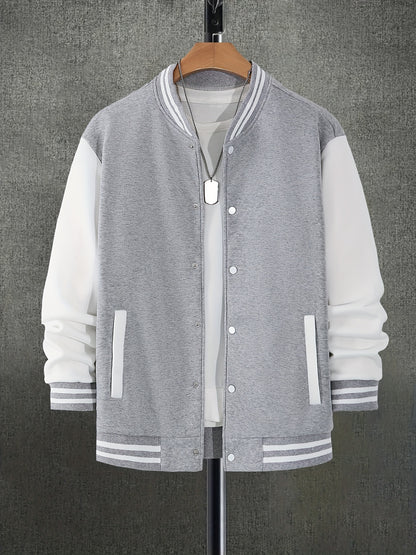 1pc Men'S Plus Size Fall/Winter Casual Polyester Jacket with Slight Stretch, Color Block Stand Collar Baseball Cardigan with Button Details and Knit Fabric