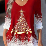 elveswallet  Plus Size Christmas Casual Top, Women's Plus Tree & Snowflake Print Long Sleeve Round Neck Medium Stretch Top