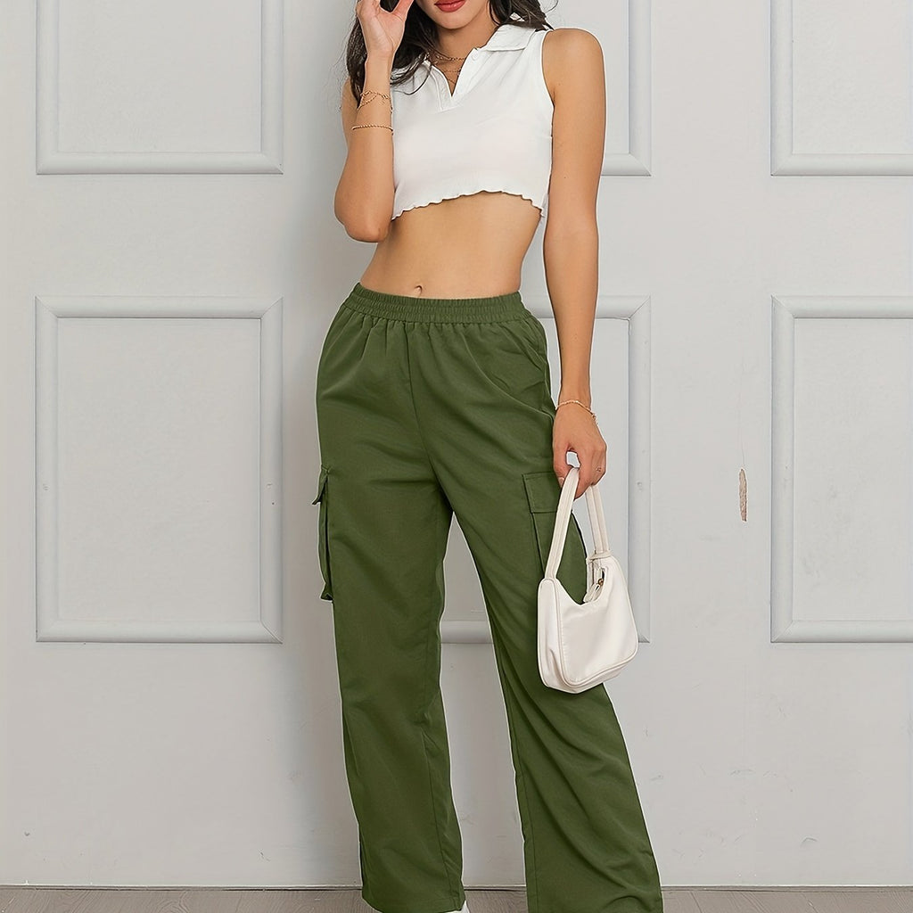 elveswallet  High Waist Cargo Pants, Casual Solid Loose Pants, Women's Clothing