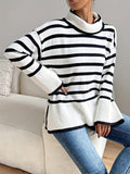 elveswallet  Striped Turtleneck Pullover Sweater, Casual Bell Sleeve Split Sweater, Women's Clothing