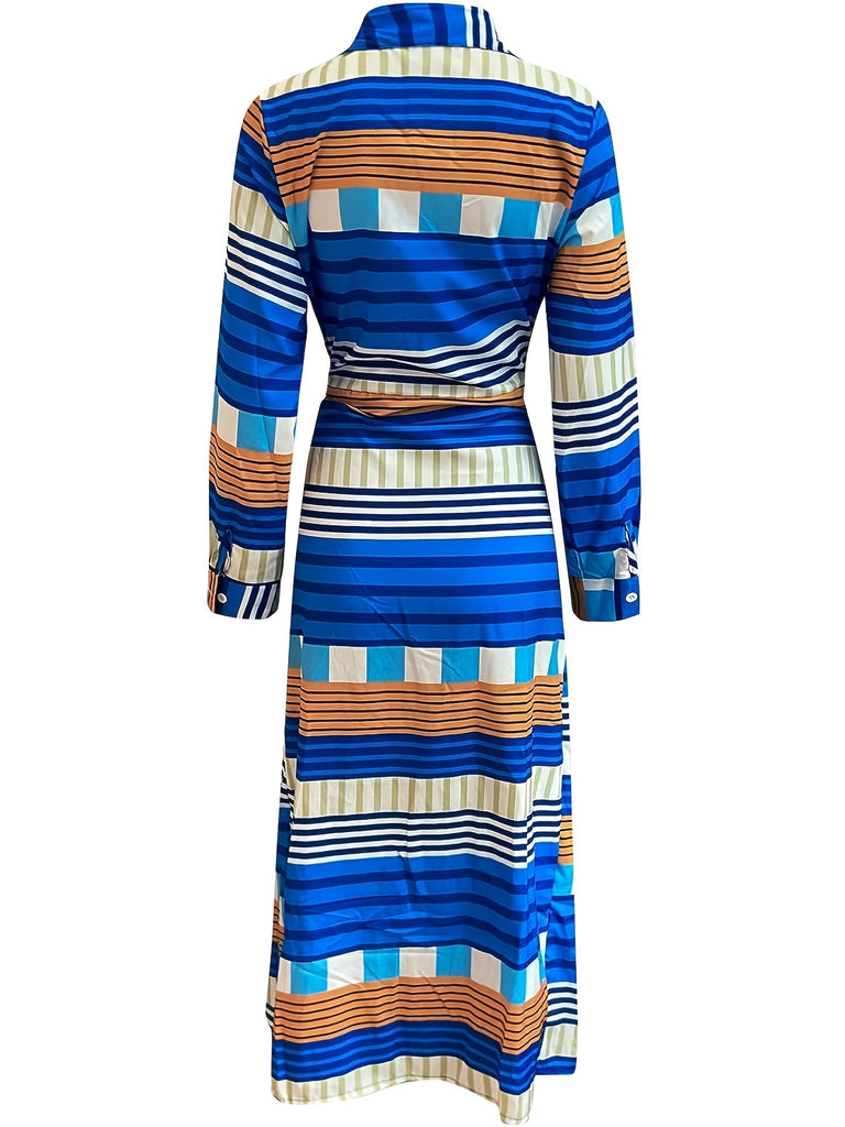 Striped Print Midi Dress, Casual Long Sleeve Bodycon Dress, Women's Clothing