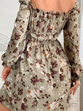 elveswallet  Floral Print Lettuce Trim Dress, Casual Off Shoulder Long Sleeve Dress, Women's Clothing