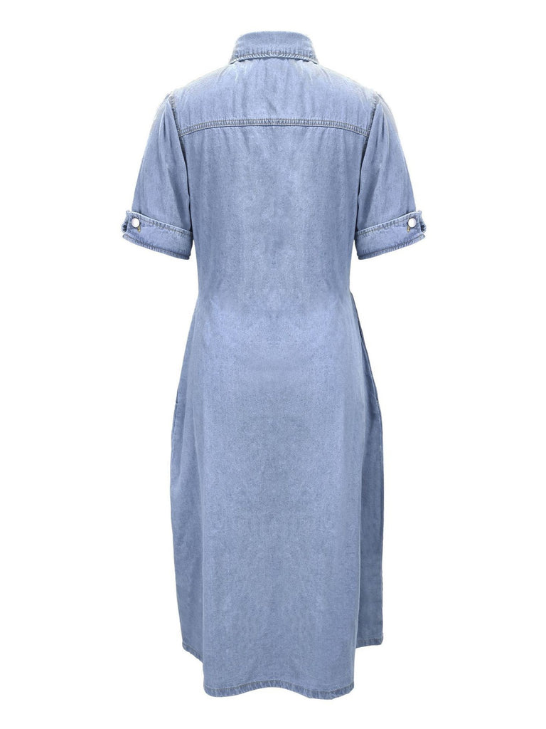 A-Line Flap Pockets Denim Dress, Rolled Sleeve Button Up V Neck Dress, Casual Lapel Denim Long Dress, Women's Denim Dress & Clothing