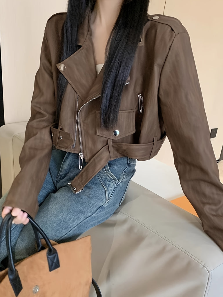 Solid Zipper Lapel Belted Biker Jacket, Vintage Long Sleeve Crop Jacket For Fall & Winter, Women's Clothing