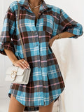 elveswallet  Plus Size Casual Fall Oversized Shirt, Women's Plus Plaid Print Button Front Lapel Collar Long Shirt