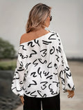 Abstract Print Blouse, Casual Slanted Shoulder Lantern Sleeve Blouse, Women's Clothing