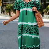 elveswallet  Plus Size Casual Dress, Women's Plus Tie Dye Leopard Short Sleeve V Neck Slight Stretch Dress